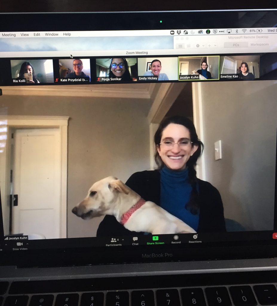 On a zoom call, one participant is holding a dog and smiling. All other participants are laughing and smiling at the dog.